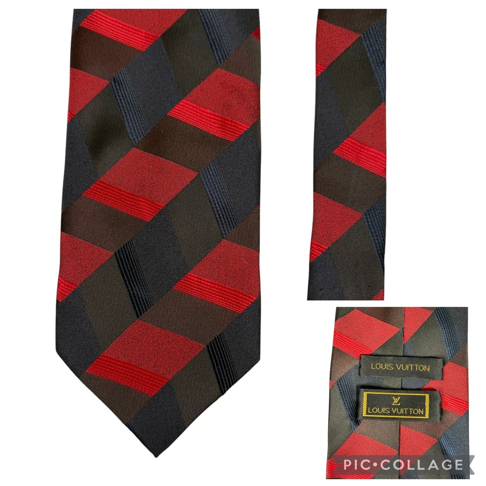 VTG Louis Vuitton Mens Silk Tie Red Black Navy Geometric Chevron Made Italy 60"
